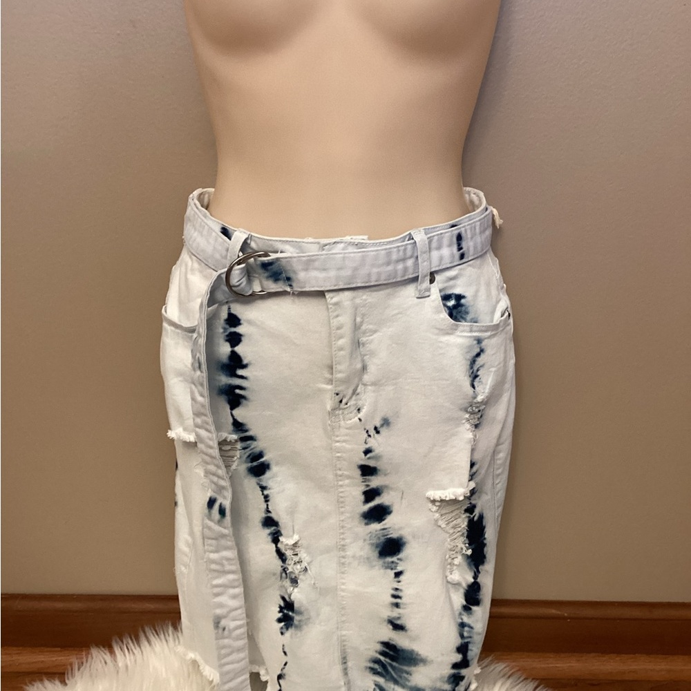American Bazi ICE blue Belted Distressed Denim Skirt NWT